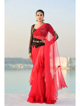 PALLAVI JAIPUR - Red Embroidered Saree with Corset Blouse and Belt