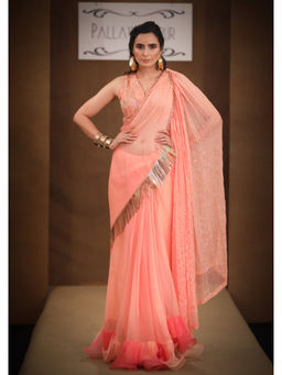 PALLAVI JAIPUR - Peach Sequined Saree with 1 Stitched Blouse