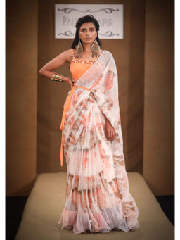 PALLAVI JAIPUR - Peach Embroidered Saree with Stitched Blouse