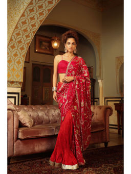 PALLAVI JAIPUR - Red Sequined Saree with Lehenga and Corset Blouse