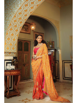 PALLAVI JAIPUR - Orange Sequined Saree with Stitched Blouse