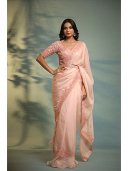 PALLAVI JAIPUR - Pink Thread Work Saree with Stitched Blouse and Belt