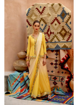 PALLAVI JAIPUR - Yellow Embroidered Saree with Stitched Blouse