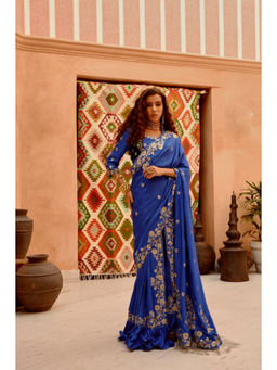 PALLAVI JAIPUR - Blue Sequined Saree Skirt with Stitched Blouse and Jacket