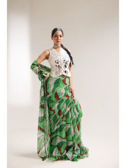 PALLAVI JAIPUR - Green Mirror Work Pre-Draped Saree with Stitched Blouse