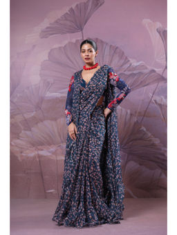 PALLAVI JAIPUR - Blue Sequined Pre-Draped Saree with Stitched Blouse and Cape
