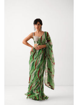 PALLAVI JAIPUR - Green Sequined Pre-Draped Saree with Corset Blouse