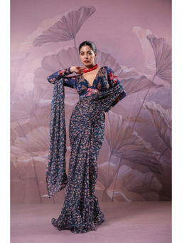 PALLAVI JAIPUR - Blue Sequined Pre-Draped Saree with Stitched Blouse