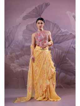PALLAVI JAIPUR - Yellow Sequined Pre-Draped Saree with Stitched Blouse and Belt
