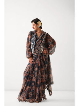 PALLAVI JAIPUR - Blue Embroidered Pre-Draped Saree with Stitched Blouse and Koti