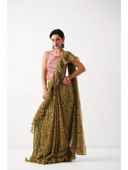 PALLAVI JAIPUR - Green Sequined Pre-Draped Saree with Stitched Blouse and Belt