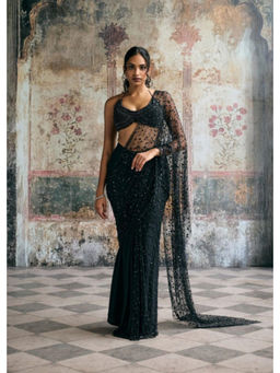 Saanjh by Lea - Aliara Black Modal Satin Rhinestone Embellished Saree with Stitched Blouse