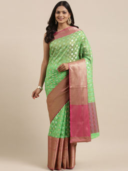 Banarasi Silk Works - Green Zari Booti Pattu Border Art Saree with Unstitched Blouse