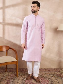ETHNIC BAY - Men Silk Blend Purple Embroidered Kurta with Pyjama