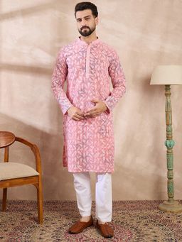 ETHNIC BAY - Men Viscose Rayon Pink Embroidered Kurta with Pyjama