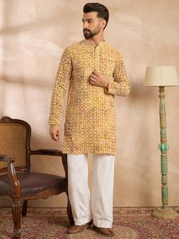 ETHNIC BAY - Men Viscose Rayon Yellow Embroidered Kurta with Pyjama