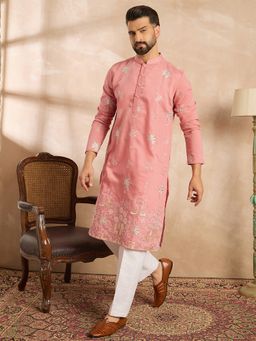 ETHNIC BAY - Men Cotton Pink Embroidered Kurta with Pyjama