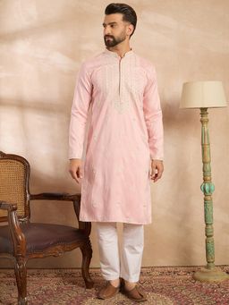 ETHNIC BAY - Men Silk Pink Embroidered Kurta with Pyjama