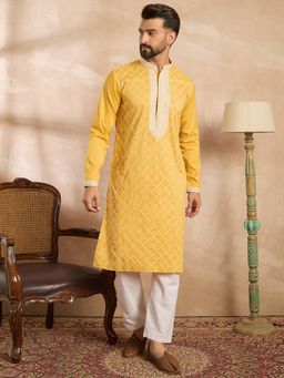 ETHNIC BAY - Men Silk Blend Yellow Embroidered Kurta with Pyjama