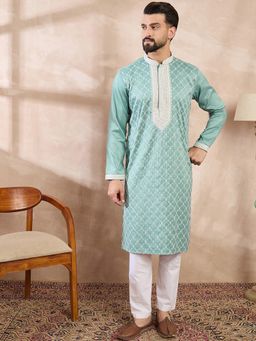 ETHNIC BAY - Men Silk Blend Teal Embroidered Kurta with Pyjama