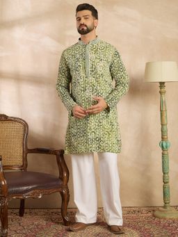 ETHNIC BAY - Men Viscose Rayon Green Embroidered Kurta with Pyjama
