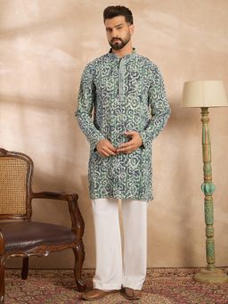 ETHNIC BAY - Men Viscose Rayon Green Embroidered Kurta with Pyjama