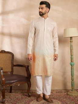 ETHNIC BAY - Men Silk Blend Cream Embroidered Kurta with Pyjama