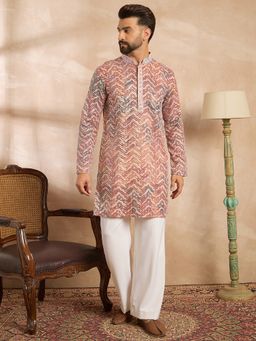 ETHNIC BAY - Men Silk Blend Orange Embroidered Kurta with Pyjama