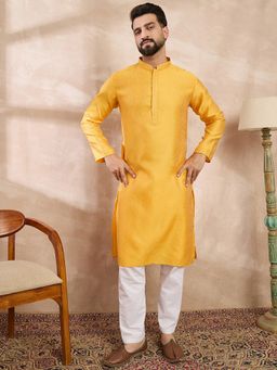 ETHNIC BAY - Men Silk Blend Yellow Self Design Kurta with Pyjama