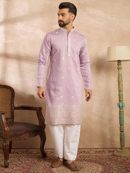 ETHNIC BAY - Men Polyester Lavender Embroidered Kurta with Pyjama