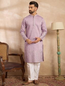 ETHNIC BAY - Men Silk Blend Lavender Embroidered Kurta with Pyjama