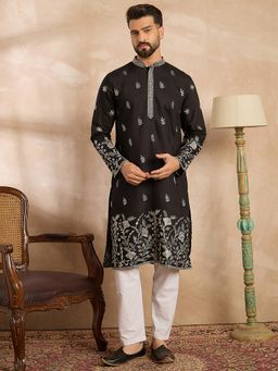 ETHNIC BAY - Men Silk Blend Black Embroidered Kurta with Pyjama
