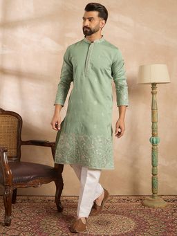 ETHNIC BAY - Men Silk Blend Green Embroidered Kurta with Pyjama
