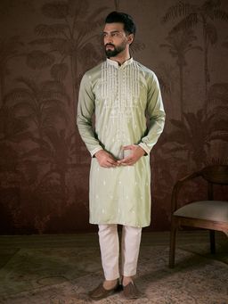 ETHNIC BAY - Men Silk Blend Green Embroidered Kurta with Pyjama