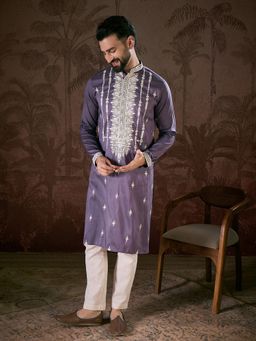 ETHNIC BAY - Men Silk Blend Lavender Embroidered Kurta with Pyjama
