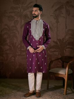 ETHNIC BAY - Men Silk Blend Purple Embroidered Kurta with Pyjama