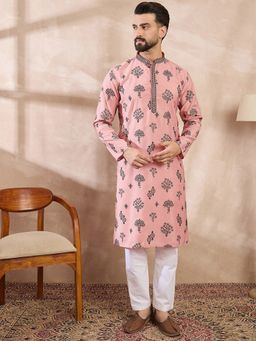 ETHNIC BAY - Men Silk Blend Peach Embroidered Kurta with Pyjama
