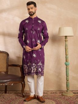 ETHNIC BAY - Men Polyester Purple Embroidered Kurta with Pyjama