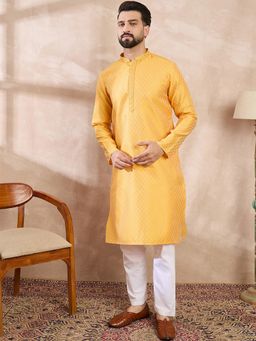 ETHNIC BAY - Men Silk Blend Yellow Self Design Kurta with Pyjama