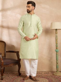 ETHNIC BAY - Men Polyester Green Self Design Kurta with Pyjama