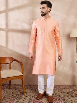 ETHNIC BAY - Men Silk Blend Peach Self Design Kurta with Pyjama