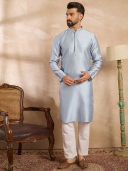 ETHNIC BAY - Men Polyester Blue Self Design Kurta with Pyjama