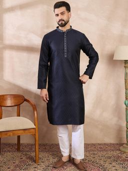 ETHNIC BAY - Men Silk Blend Navy Blue Solid Kurta with Pyjama