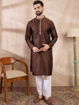 ETHNIC BAY - Men Silk Blend Brown Solid Kurta with Pyjama