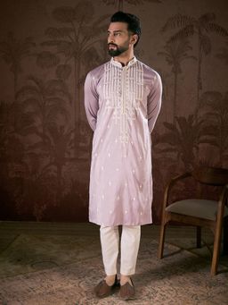 ETHNIC BAY - Men Silk Blend Lavender Embroidered Kurta with Pyjama