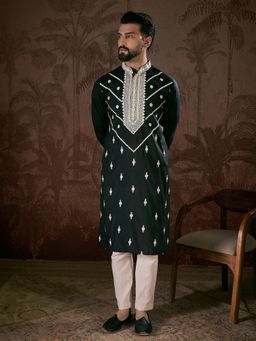 ETHNIC BAY - Men Silk Blend Black Embroidered Kurta with Pyjama