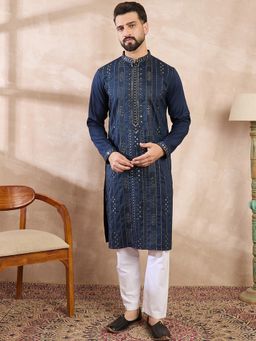 ETHNIC BAY - Men Silk Blend Blue Embroidered Kurta with Pyjama