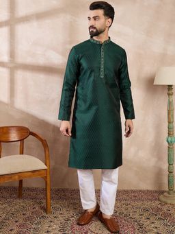 ETHNIC BAY - Men Silk Blend Green Textured Kurta with Pyjama