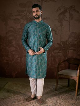 ETHNIC BAY - Men Silk Blend Blue Ethnic Kurta with Pyjama