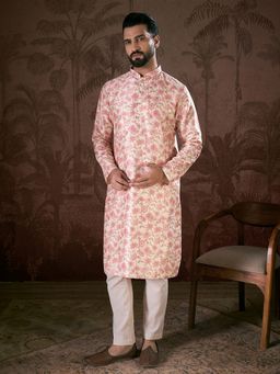 ETHNIC BAY - Men Silk Blend Off White Floral Kurta with Pyjama